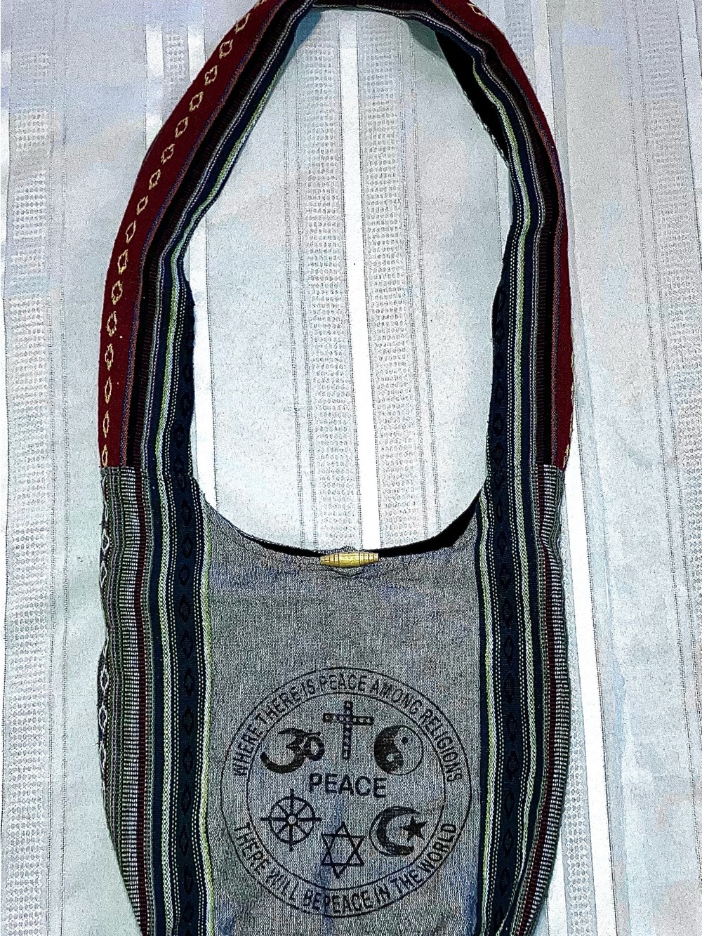 Awesome Kathmandu Imports Coexist World Religions Peace Hobo Bag in Gray and Red
